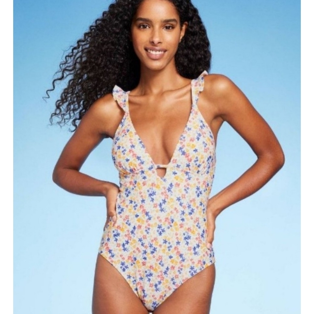 Shade & Shore Ruffle Shoulder Plunge One Piece Swimsuit Ditsy Floral Size S